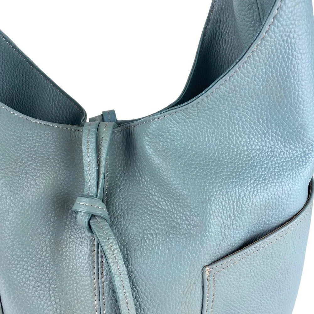 LAGGO Havana Hobo Shoulder Bag Blue Pebbled Leather Fringe Nice Large Size